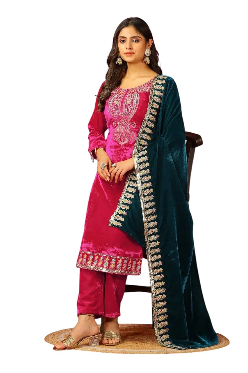 Velvet Embroidered Suit Set with Pink Dupatta – Designer Indian Wedding & Festive Wear Outfit (BLACKLUXE CRAFTS) - BLACKLUXECRAFTS