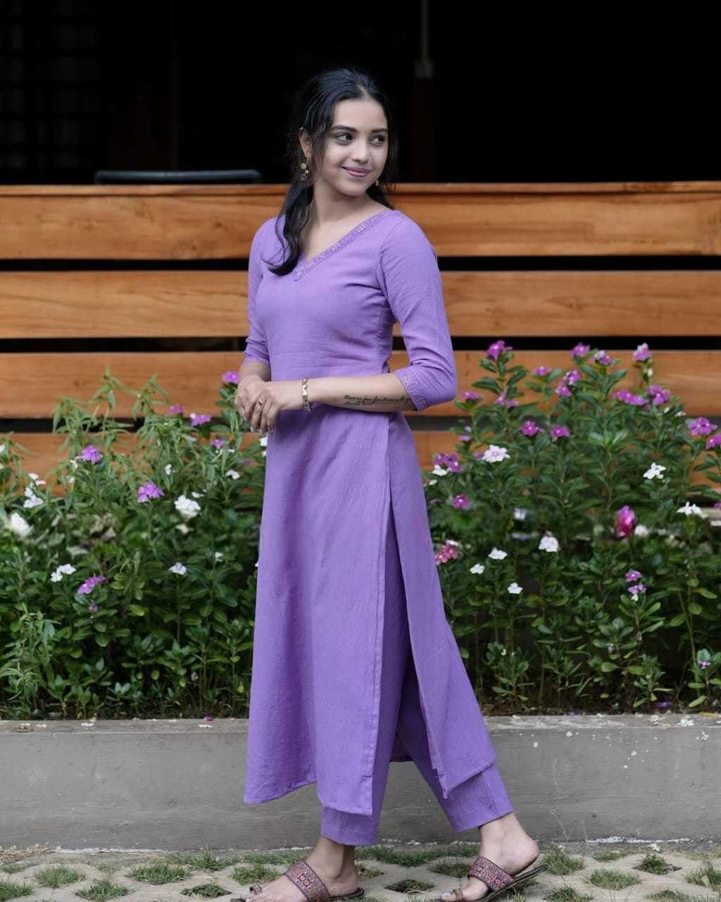 Women's Cotton V-neck Solid Straight Kurti With Pant Purple Or Orange (BLACKLUXE CRAFTS) - BLACKLUXECRAFTS