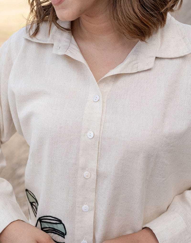 Women’s Off-White Cotton Co-Ord Set – Long Sleeve Shirt with Abstract Face Print & Straight Pants (BLACKLUXE CRAFTS) - BLACKLUXECRAFTS