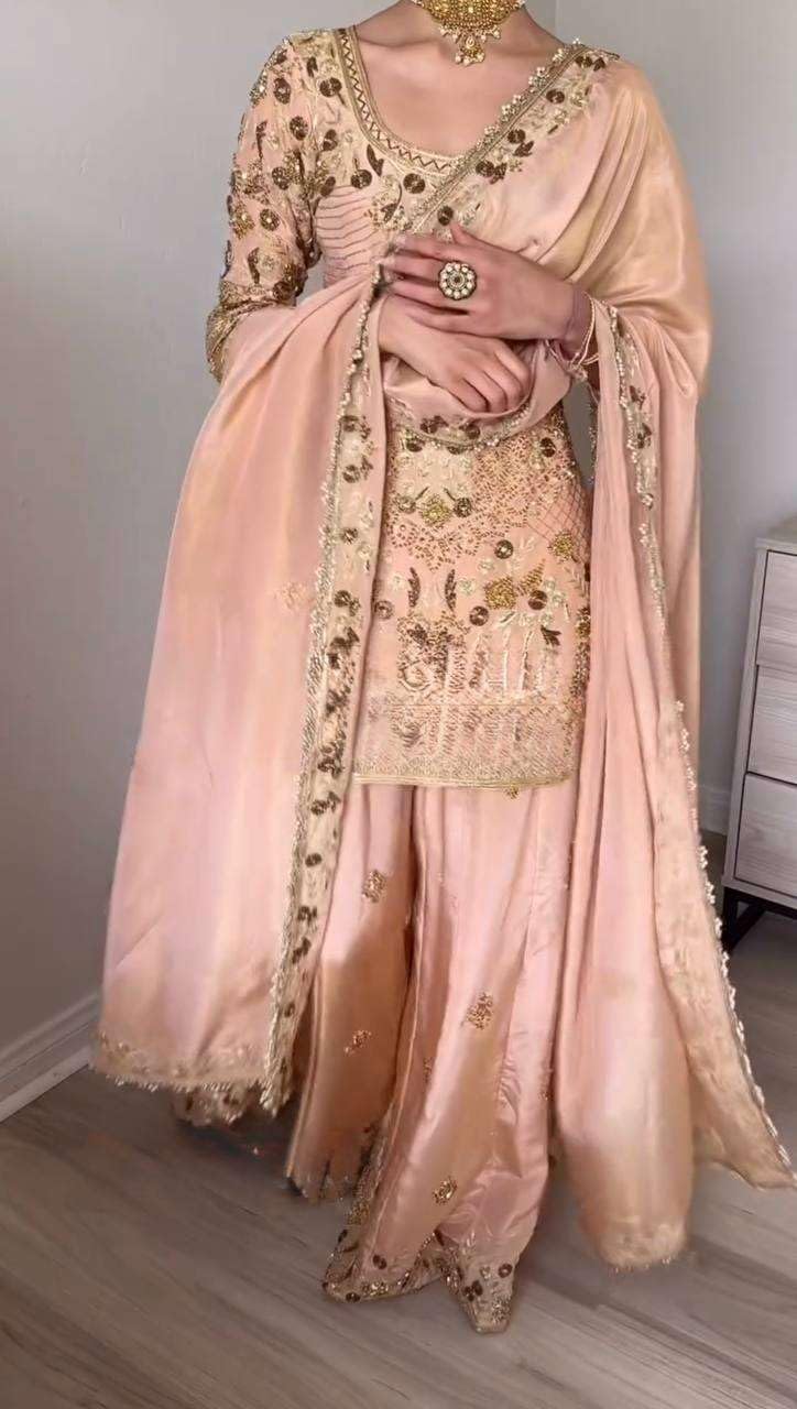 Peach Gold Embroidered Sharara Suit with Dupatta – Luxury Wedding Party Wear Indian Outfit for Women
(BLACKLUXE CRAFTS) - BLACKLUXECRAFTS