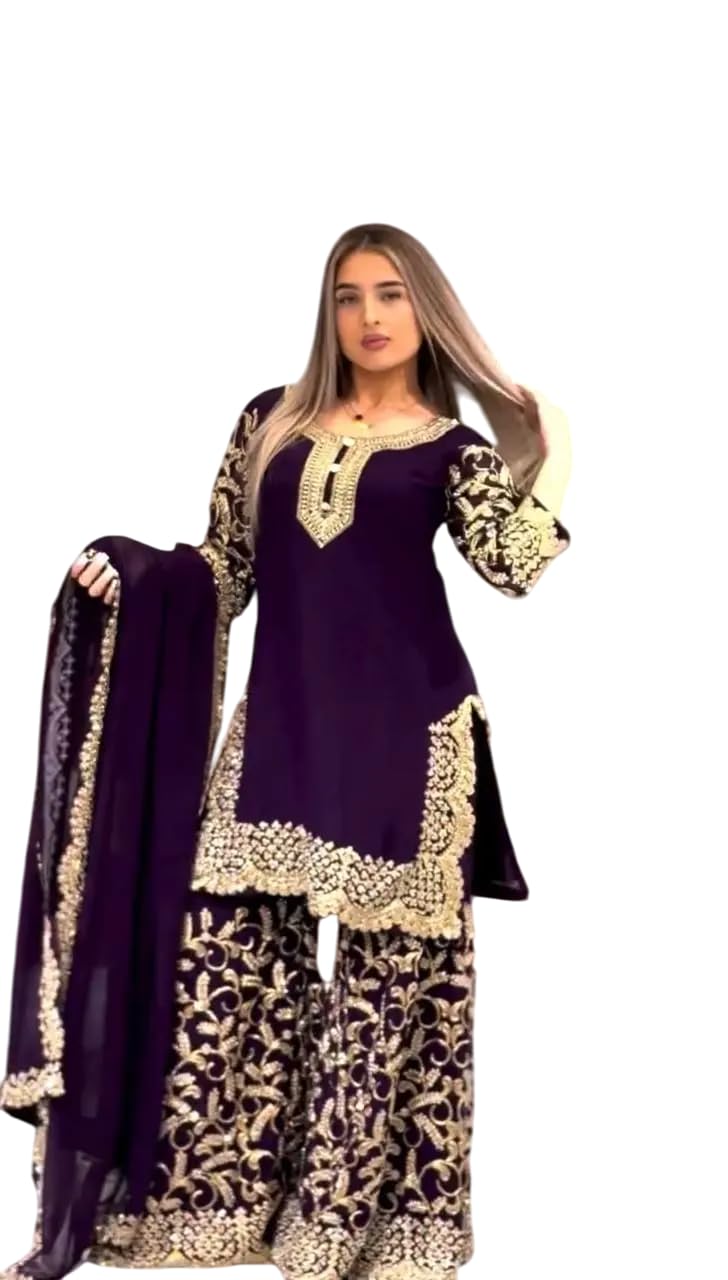 Purple Embroidered Kurta Sharara Set with Dupatta – Luxury Indian Wedding & Party Wear Outfit for Women (BLACKLUXE CRAFTS) - BLACKLUXECRAFTS