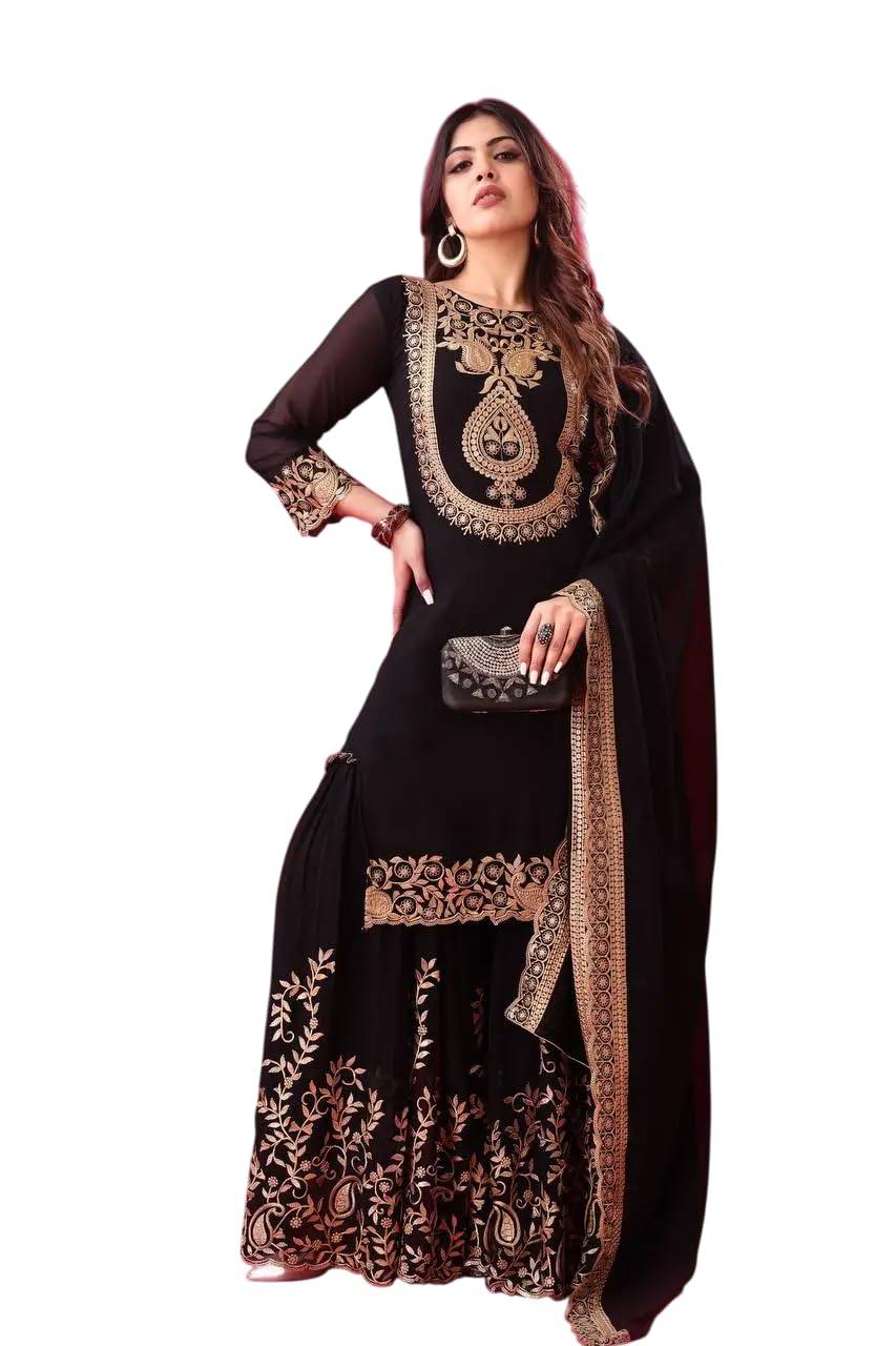 Women's Faux Georgette Ensemble with Embroidery & Sequence Work Kurti With Sharara and Dupatta Set (BLACKLUXE CRAFTS) - BLACKLUXECRAFTS