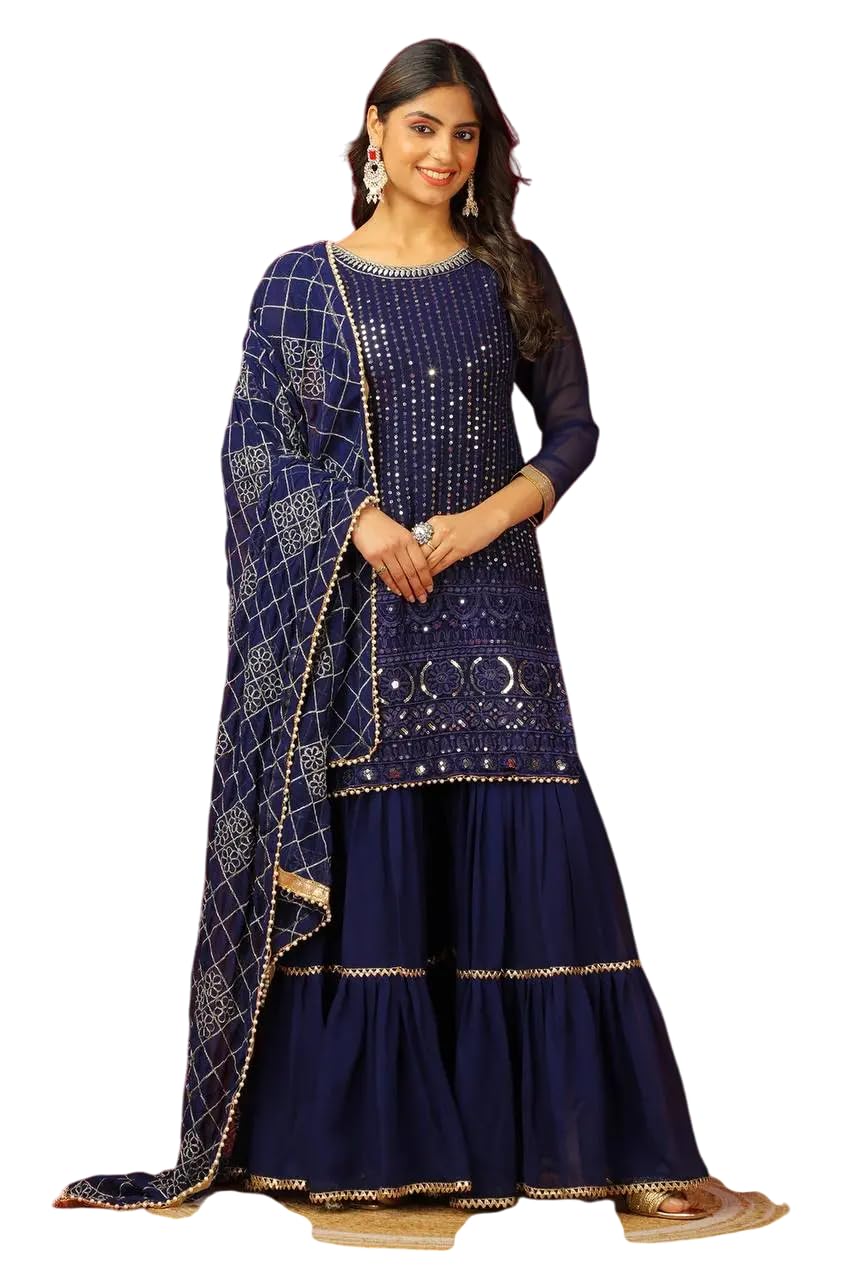Georgette Sharara Suit with Mirror Work & Embroidered Dupatta | Party Wear Indian Ethnic Set (BLACKLUXE CRAFTS) - BLACKLUXECRAFTS