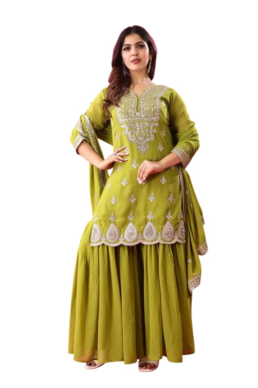 Women's Georgette Embroidered Kurti With Sharara & Dupatta Set (BLACKLUXE CRAFTS) - BLACKLUXECRAFTS