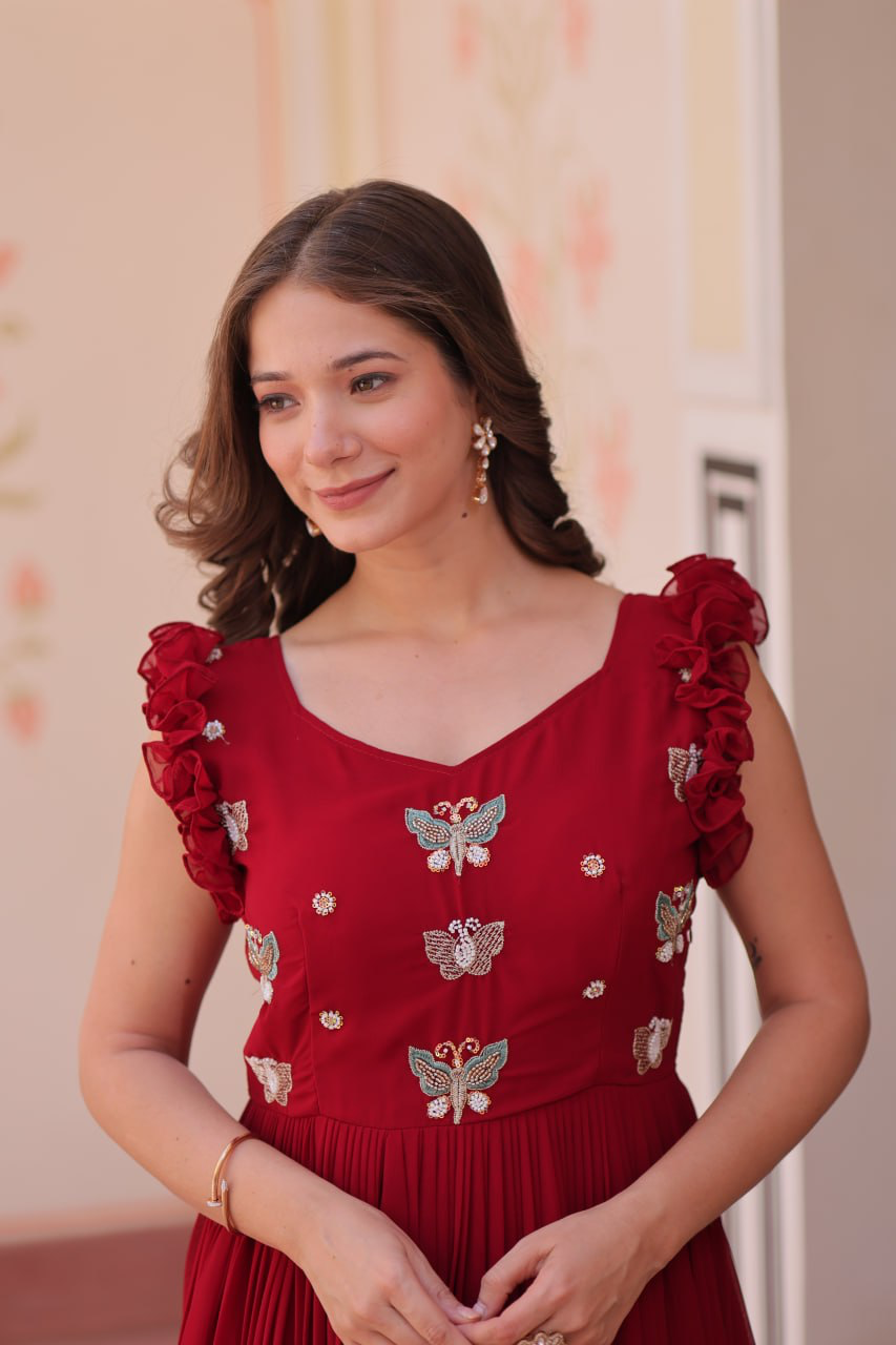 Handmade Red Embroidered Maxi Dress for Women – Elegant Butterfly Design Ethnic Gown | Indian Artisan Boho Evening Wear (BLACKLUXE CRAFTS)