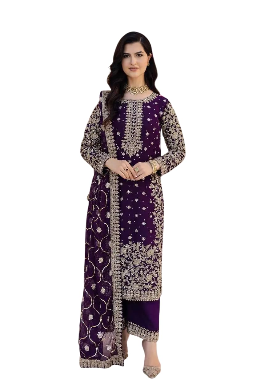 Women's Faux Georgette Embroidered Full Sleeve Straight Kurti with Pant & Dupatta Set (BLACKLUXE CRAFTS) - BLACKLUXECRAFTS