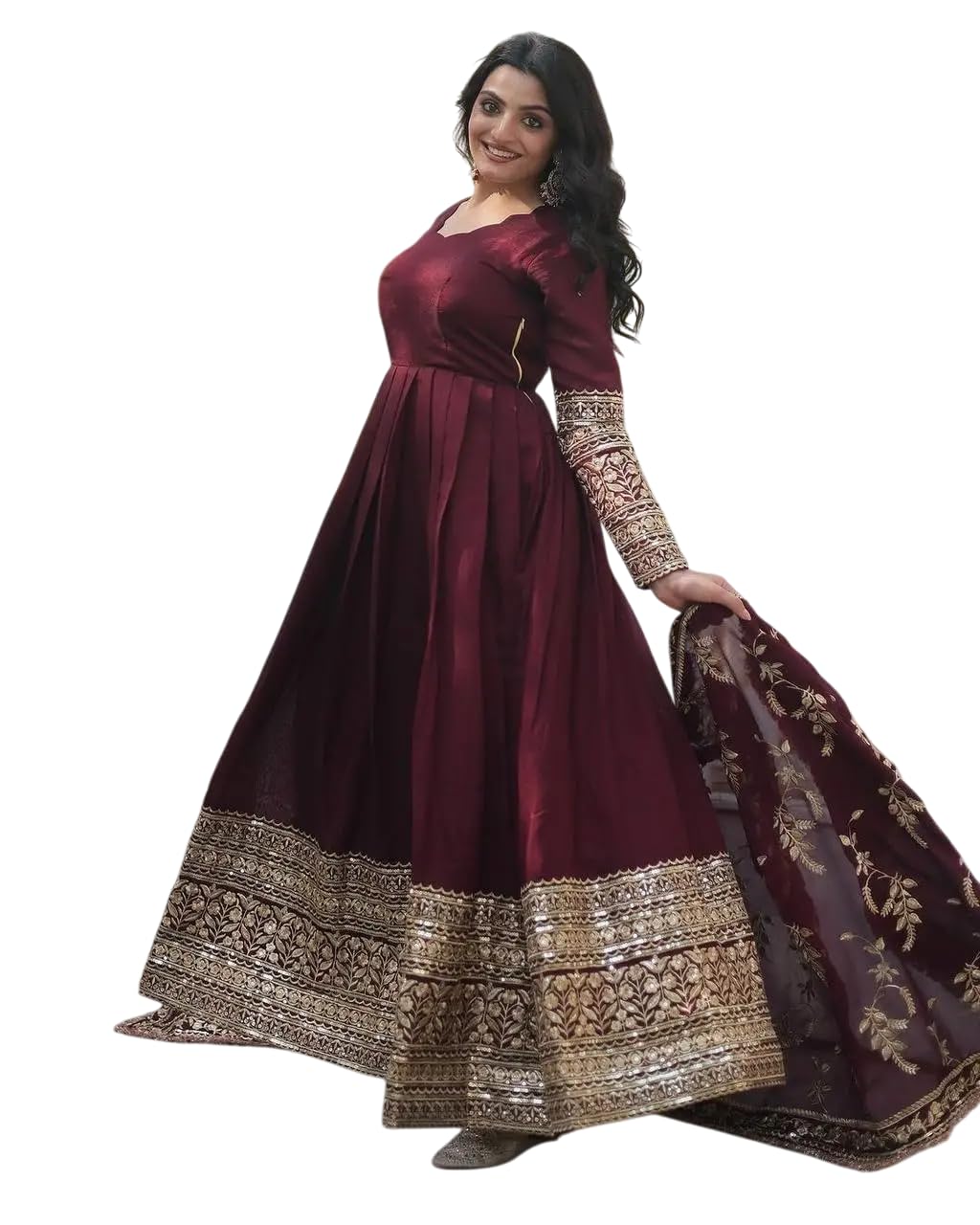Maroon Anarkali Gown with Heavy Golden Embroidery & Dupatta | Designer Indian Pakistani Wedding Dress for Women (BLACKLUXE CRAFTS) - BLACKLUXECRAFTS