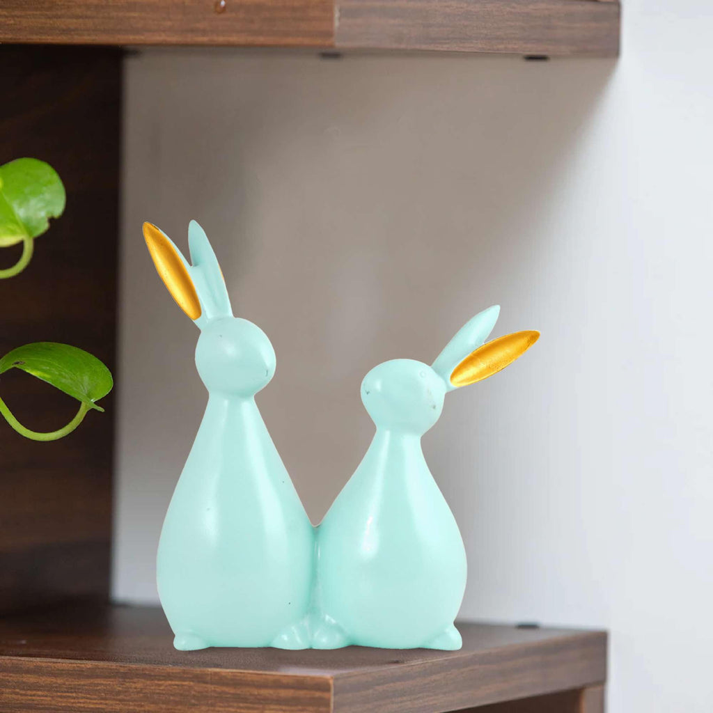 Handmade Aqua Blue Bunny Couple Figurine – Modern Resin Rabbit Statue with Golden Ears for Home Décor & Gifting (BLACKLUXE CRAFTS) - BLACKLUXECRAFTS