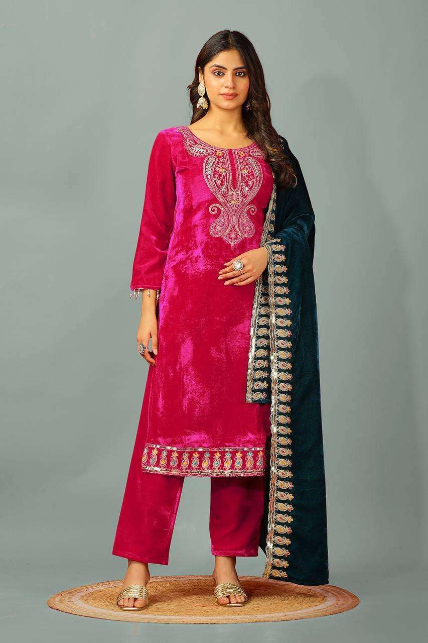 Velvet Embroidered Suit Set with Pink Dupatta – Designer Indian Wedding & Festive Wear Outfit (BLACKLUXE CRAFTS) - BLACKLUXECRAFTS
