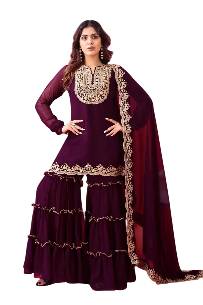 Women's Faux Georgette Embroidered Kurti With Plazzo and Dupatta Set (BLACKLUXE CRAFTS) - BLACKLUXECRAFTS