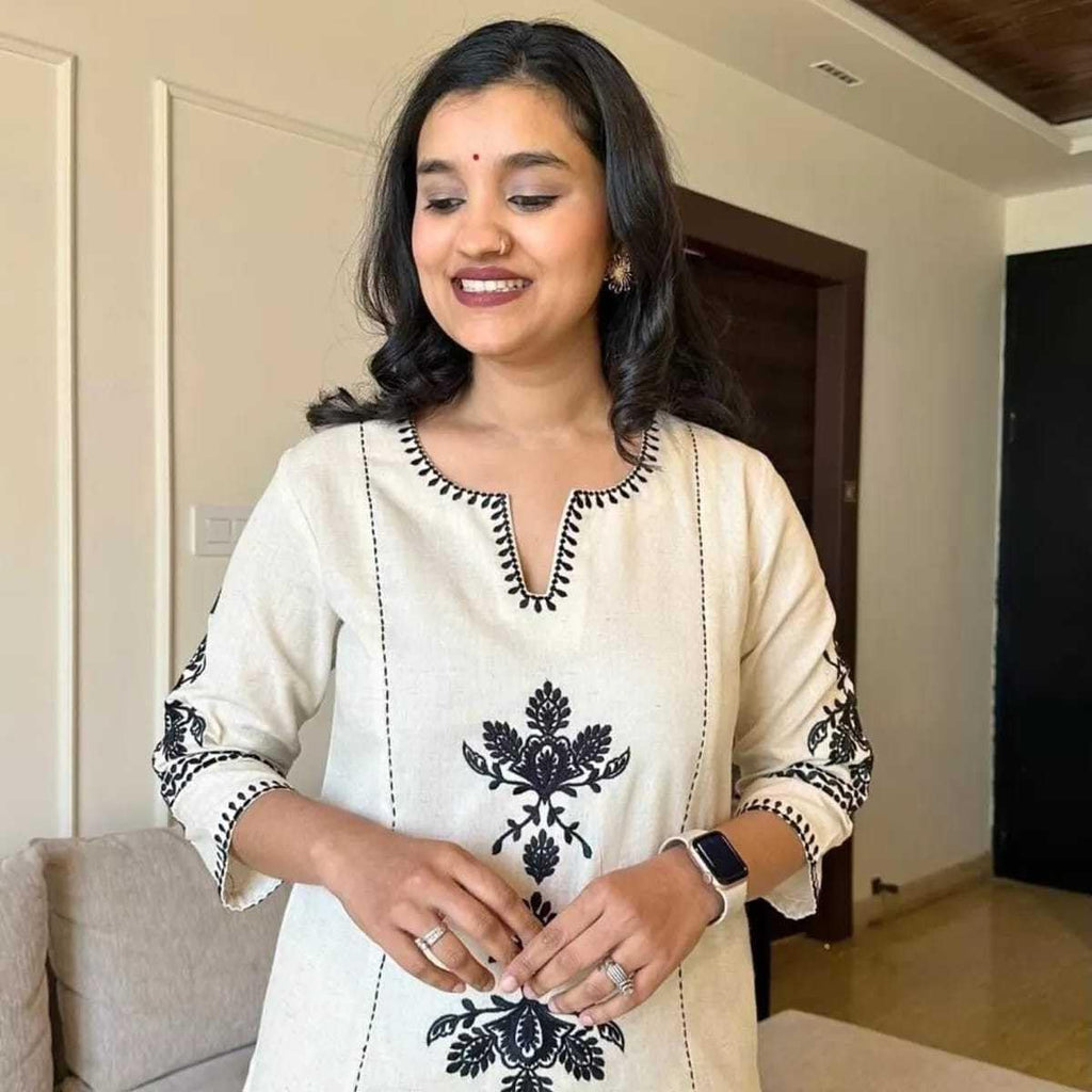 White Kurti with Black Embroidery & Palazzo Set – Women’s Elegant Ethnic Wear for Casual & Festive Occasions
(BLACKLUXE CRAFTS) - BLACKLUXECRAFTS