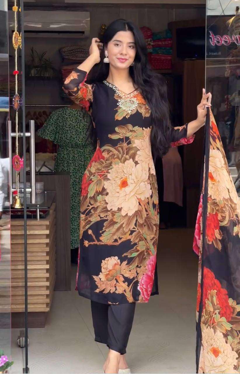 Black Floral Printed Suit Set with Dupatta – Elegant Indian Ethnic Wear for Parties & Festive Occasions (BLACKLUXE CRAFTS) - BLACKLUXECRAFTS