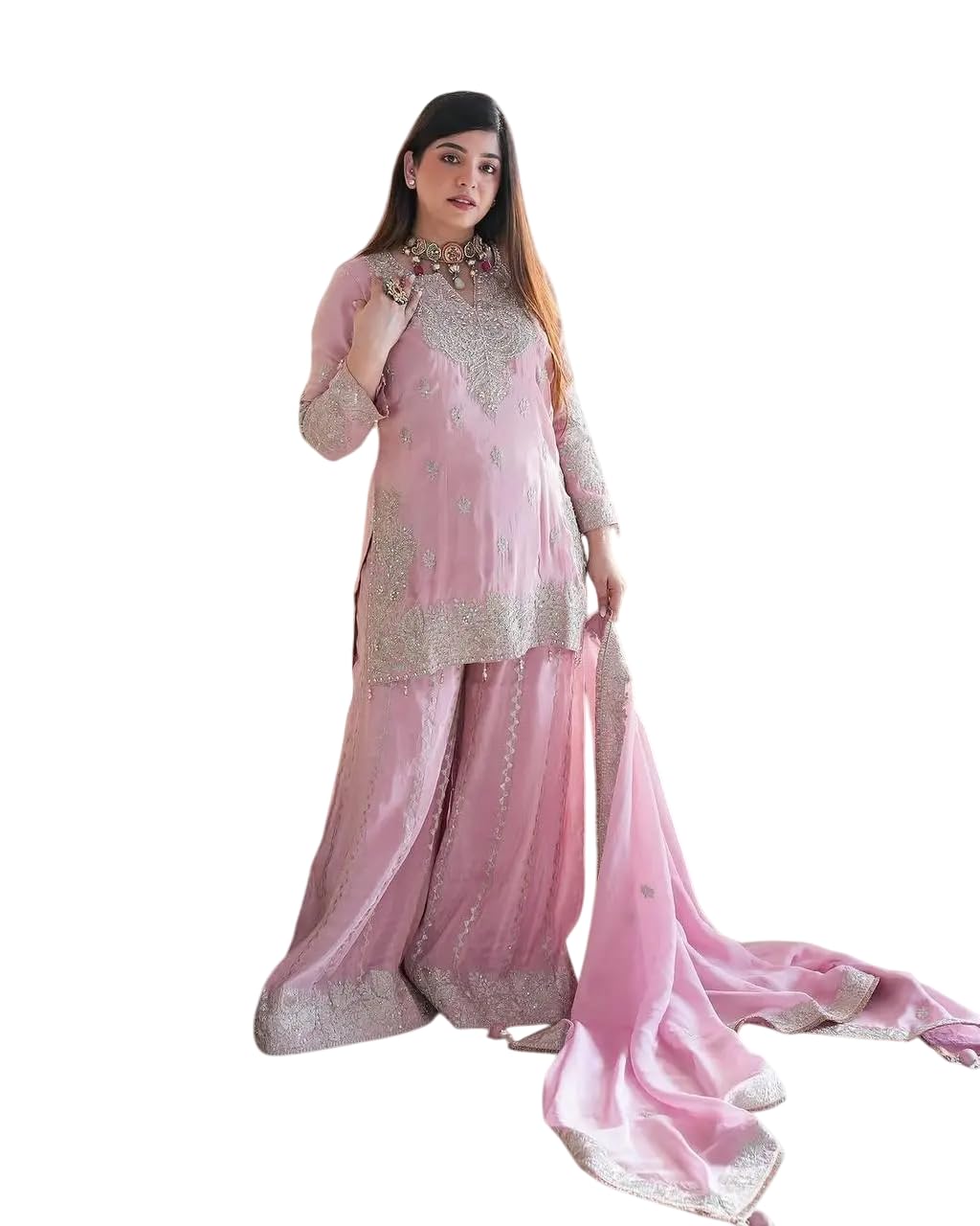 Women's Chinon Silk Embroidered Kurti With Sharara & Dupatta Set with Rivet Moti Work (BLACKLUXE CRAFTS) - BLACKLUXECRAFTS