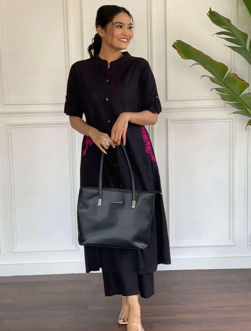 Elegant Black Kurta Set with Pink Embroidery | Women’s Ethnic Outfit (BLACKLUXE CRAFTS) - BLACKLUXECRAFTS