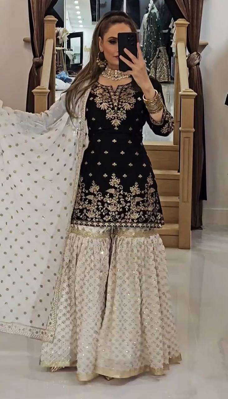 Women's Faux Georgette Embroidered Kurti With Sharara & Dupatta Set with Lace Border (BLACKLUXE CRAFTS) - BLACKLUXECRAFTS