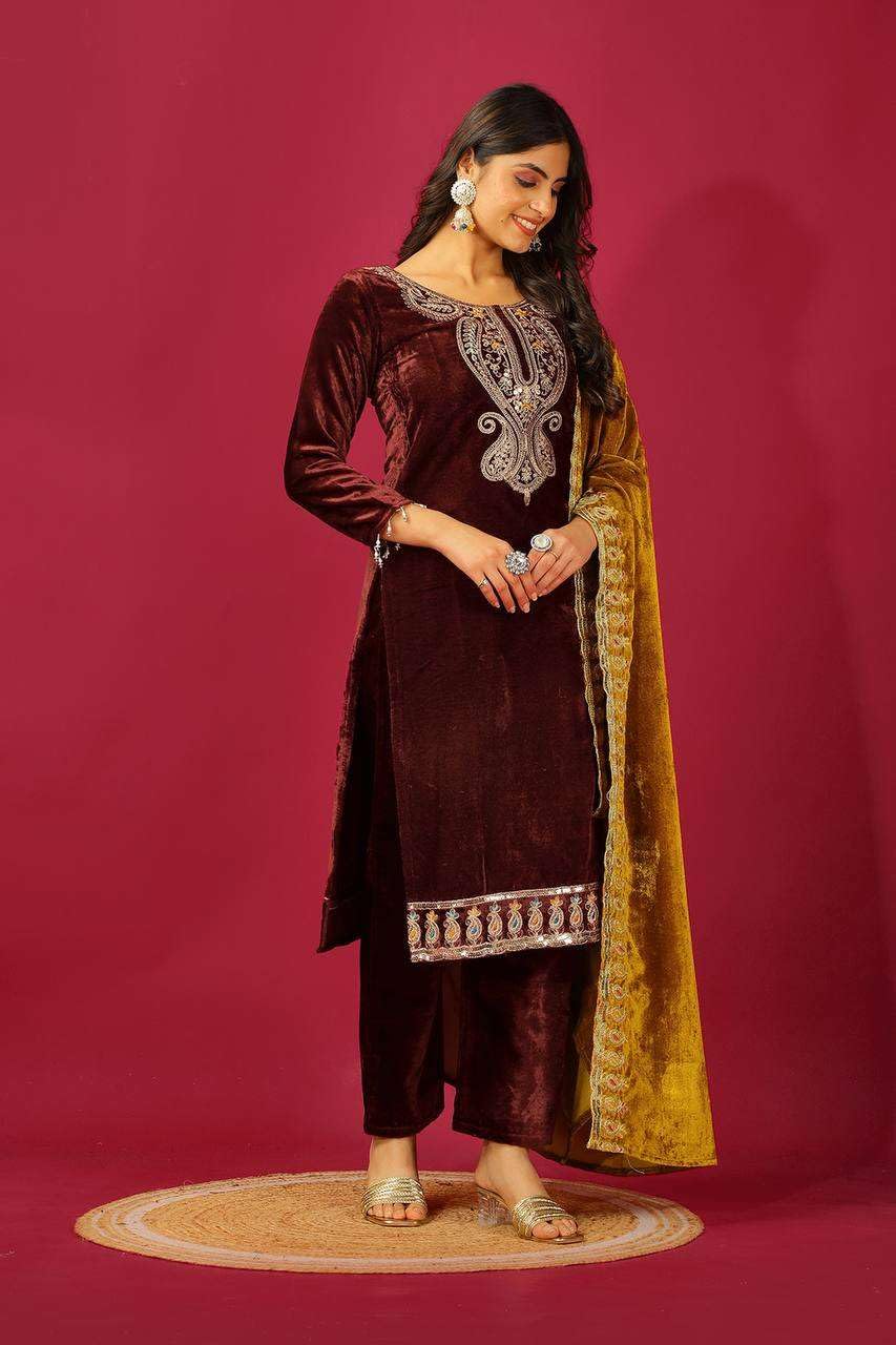 Velvet Embroidered Suit Set with Pink Dupatta – Designer Indian Wedding & Festive Wear Outfit (BLACKLUXE CRAFTS) - BLACKLUXECRAFTS
