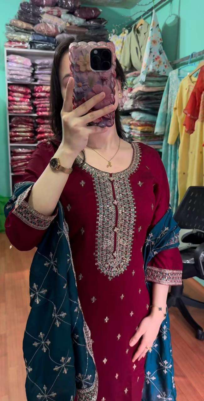 Women's Chinnon Silk Embroidered Straight Kurti with Pant & Dupatta Set (BLACKLUXE CRAFTS) - BLACKLUXECRAFTS