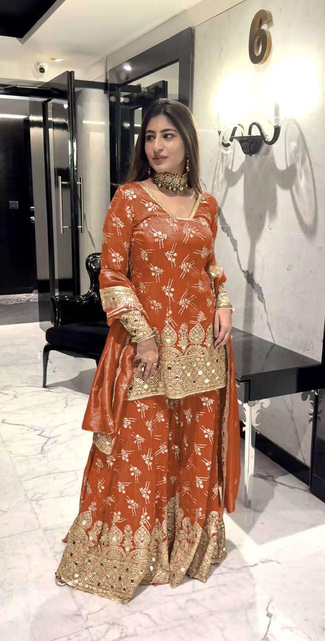 Women's Simmer Silk Embroidered Straight Kurta with Sharara & Dupatta Set (BLACKLUXE CRAFTS) - BLACKLUXECRAFTS