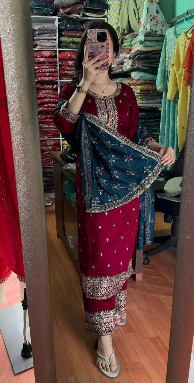 Women's Chinnon Silk Embroidered Straight Kurti with Pant & Dupatta Set (BLACKLUXE CRAFTS) - BLACKLUXECRAFTS