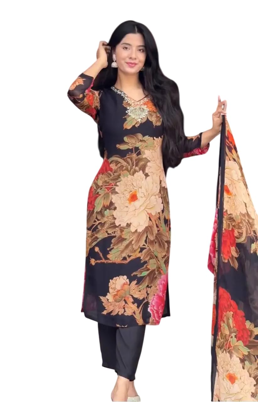 Black Floral Printed Suit Set with Dupatta – Elegant Indian Ethnic Wear for Parties & Festive Occasions (BLACKLUXE CRAFTS) - BLACKLUXECRAFTS