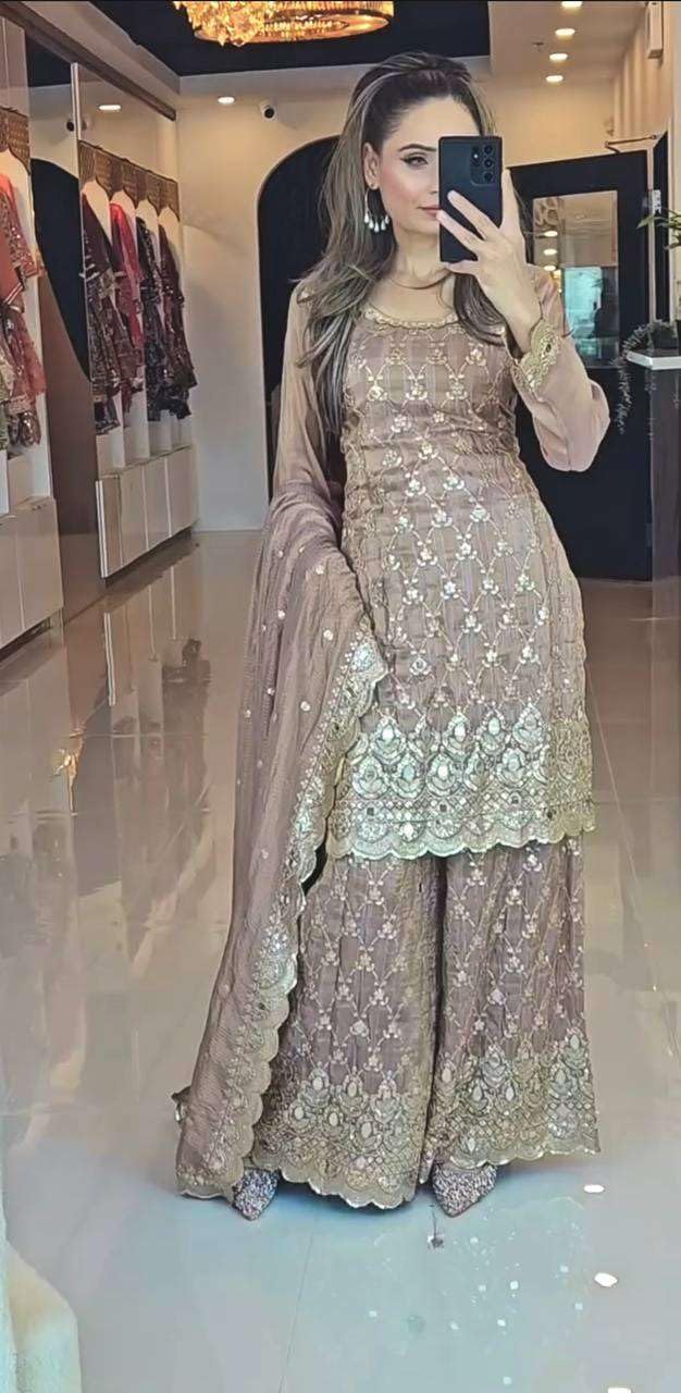 Women's Chinnon Silk Embroidery & Mirror Work Straight Kurti with Sharara & Dupatta Set (BLACKLUXE CRAFTS) - BLACKLUXECRAFTS