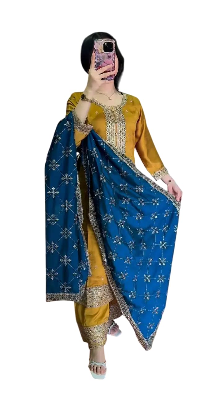 Women's Chinnon Silk Embroidered Straight Kurti with Pant & Dupatta Set (BLACKLUXE CRAFTS) - BLACKLUXECRAFTS