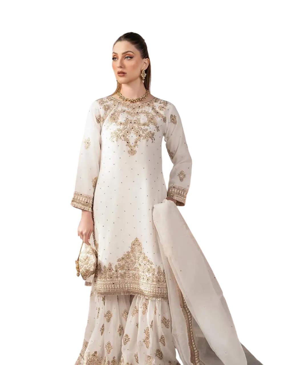 Women's Faux Georgette Embroidered Straight Kurti With Sharara and Dupatta Set (BLACKLUXE CRAFTS) - BLACKLUXECRAFTS