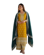 Women's Chinnon Silk Embroidered Straight Kurti With Pants and Dupatta Set (BLACKLUXE CRAFTS) - BLACKLUXECRAFTS