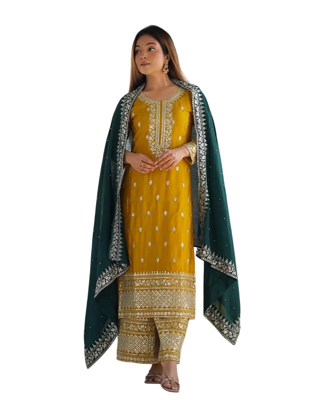 Women's Chinnon Silk Embroidered Straight Kurti With Pants and Dupatta Set (BLACKLUXE CRAFTS) - BLACKLUXECRAFTS