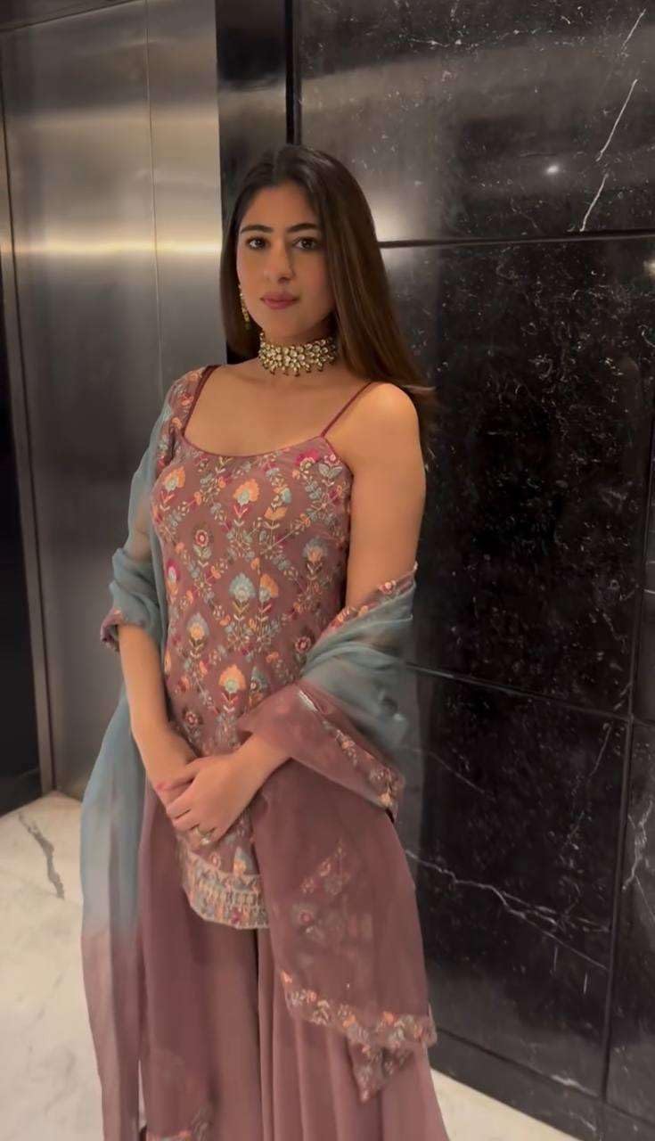 Women's Faux Georgette Embroidered Sleeveless Straight Kurti with Sharara and Dupatta Set (BLACKLUXE CRAFTS) - BLACKLUXECRAFTS