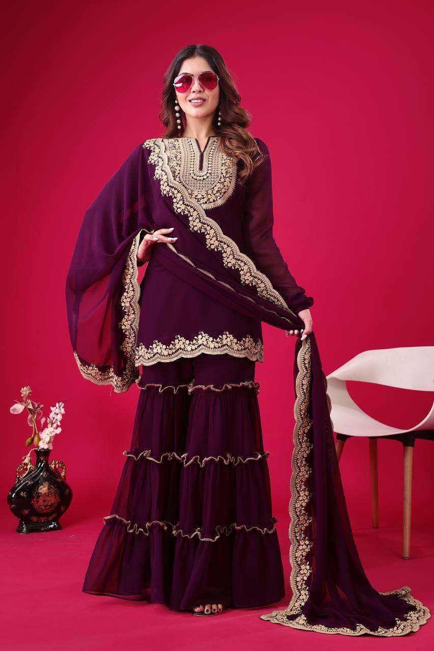 Women's Faux Georgette Embroidered Kurti With Plazzo and Dupatta Set (BLACKLUXE CRAFTS) - BLACKLUXECRAFTS