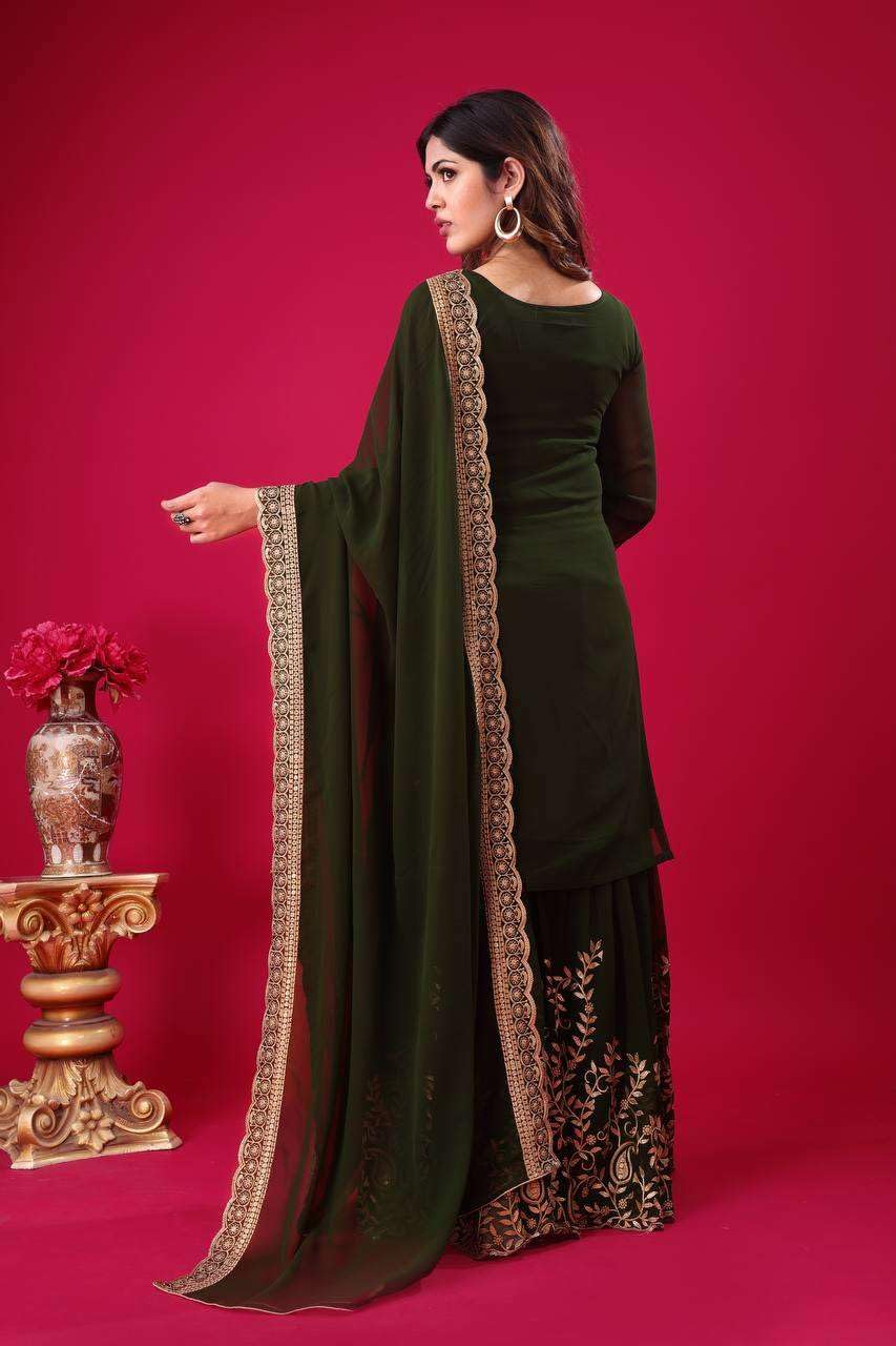 Women's Faux Georgette Ensemble with Embroidery & Sequence Work Kurti With Sharara and Dupatta Set (BLACKLUXE CRAFTS) - BLACKLUXECRAFTS