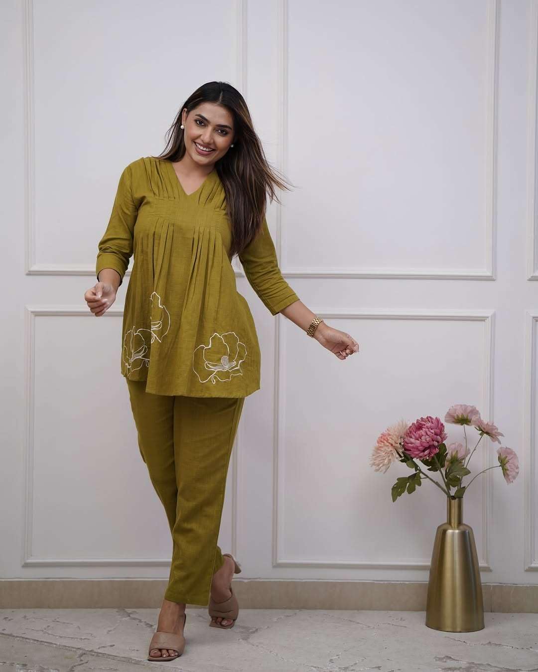 Cotton Co-ord Set for Women – Pleated Kurta with Floral Embroidery and Pants (BLACKLUXE CRAFTS) - BLACKLUXECRAFTS