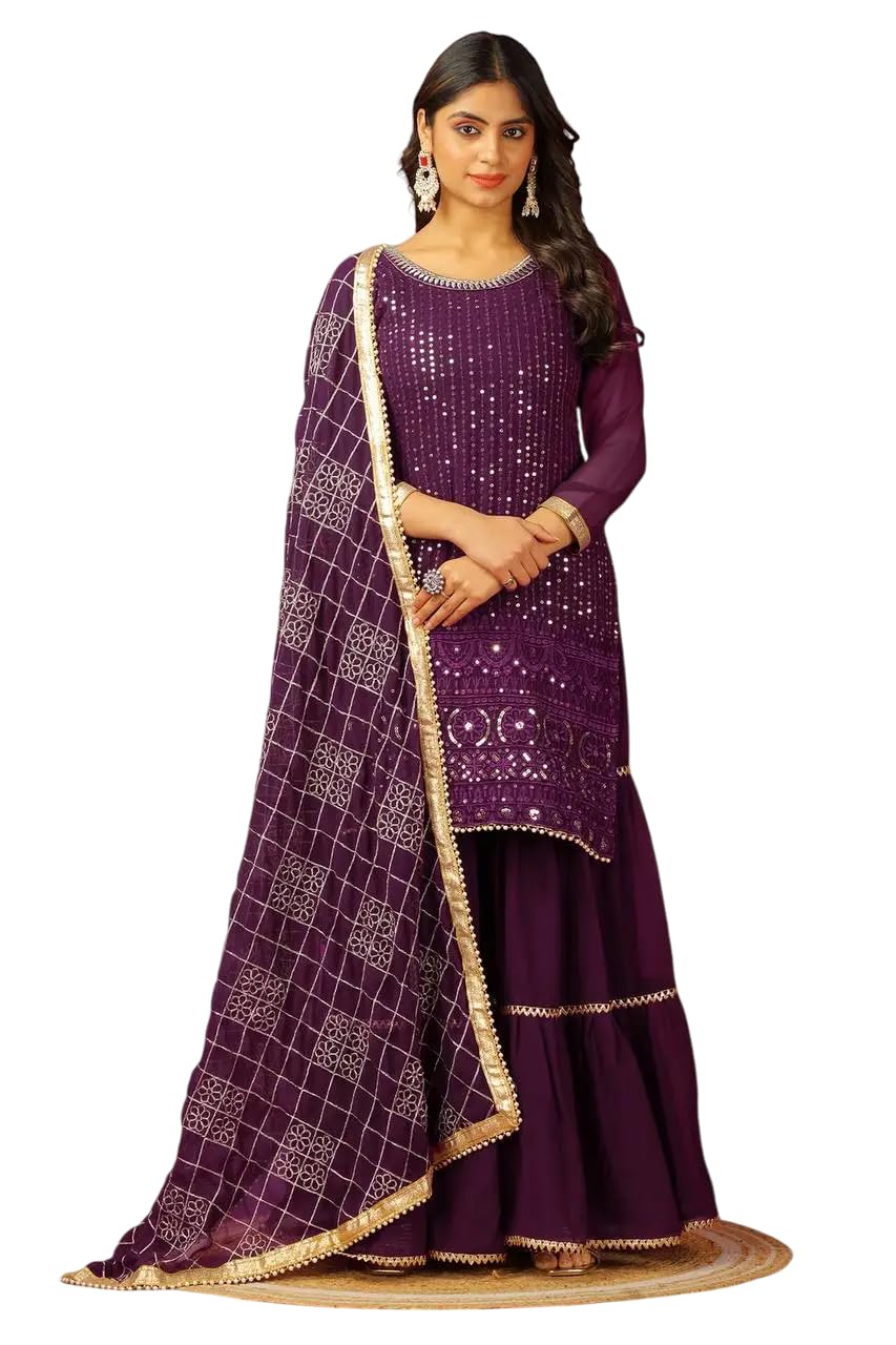 Georgette Sharara Suit with Mirror Work & Embroidered Dupatta | Party Wear Indian Ethnic Set (BLACKLUXE CRAFTS) - BLACKLUXECRAFTS