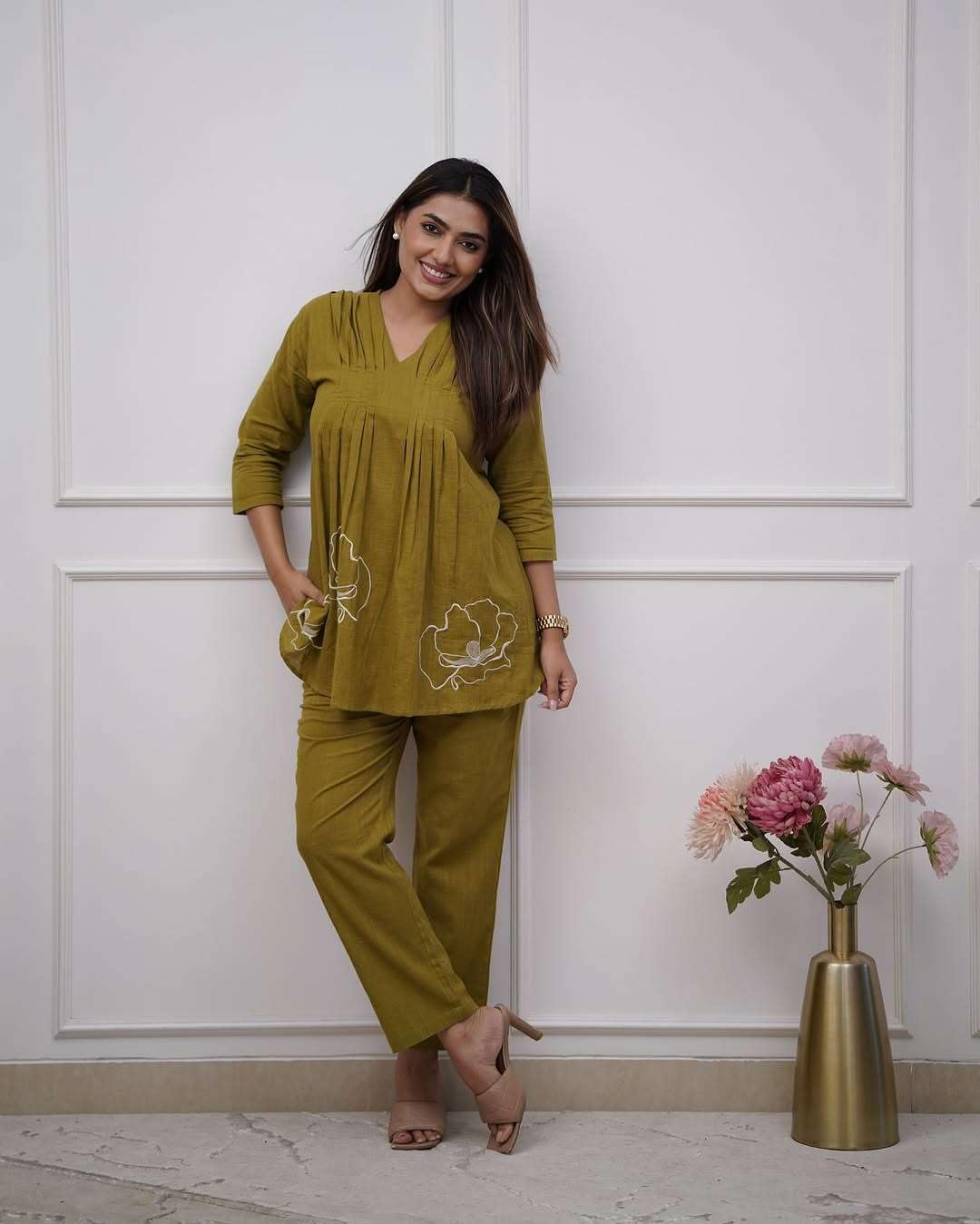 Cotton Co-ord Set for Women – Pleated Kurta with Floral Embroidery and Pants (BLACKLUXE CRAFTS) - BLACKLUXECRAFTS