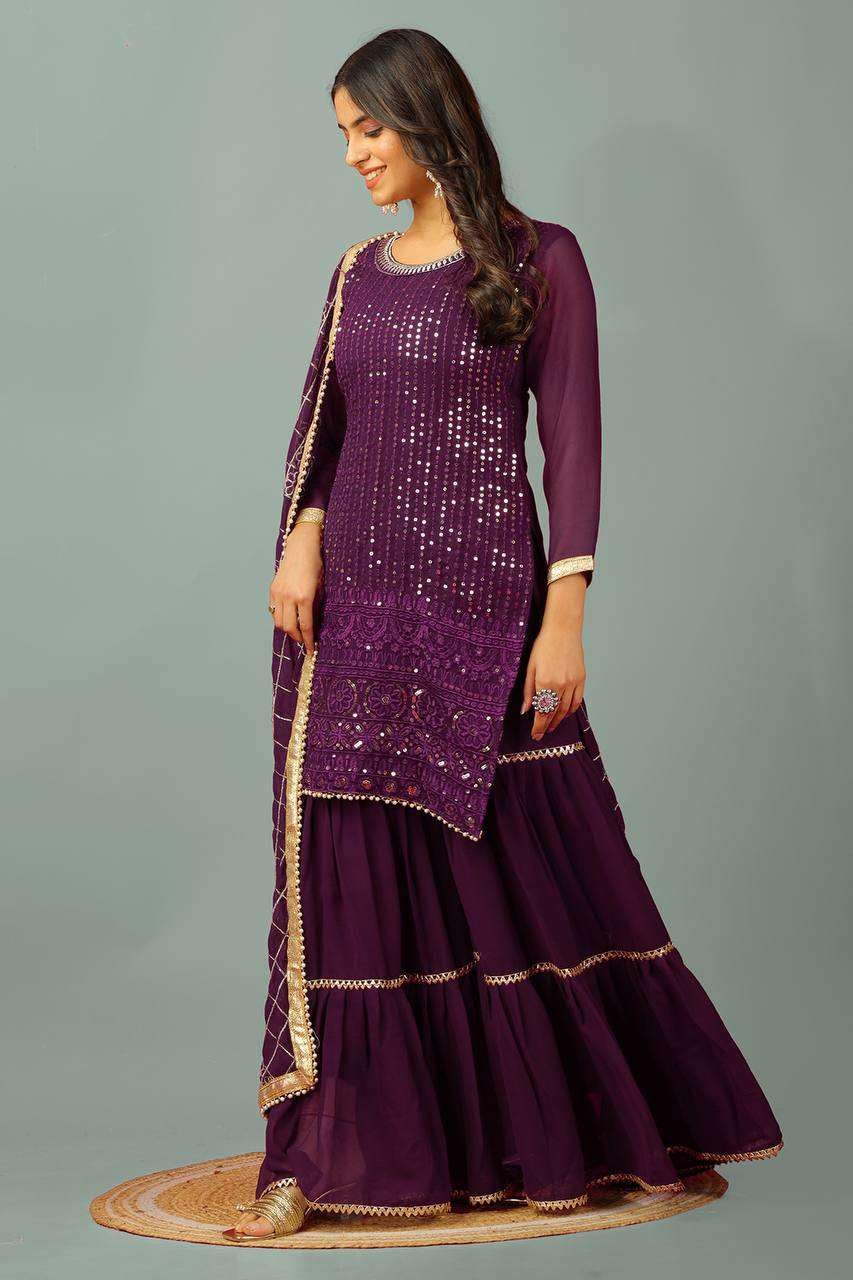Georgette Sharara Suit with Mirror Work & Embroidered Dupatta | Party Wear Indian Ethnic Set (BLACKLUXE CRAFTS) - BLACKLUXECRAFTS