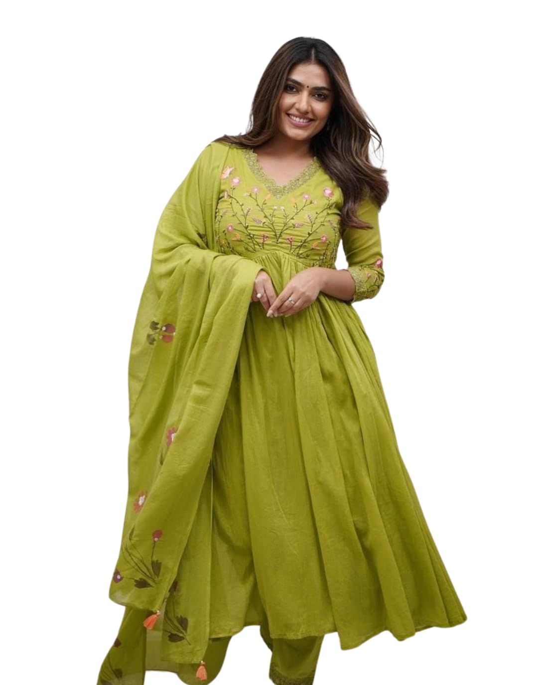 Women's Cotton Embroidered Long Anarkali Kurti With Pant and Dupatta Set (BLACKLUXE CRAFTS) - BLACKLUXECRAFTS