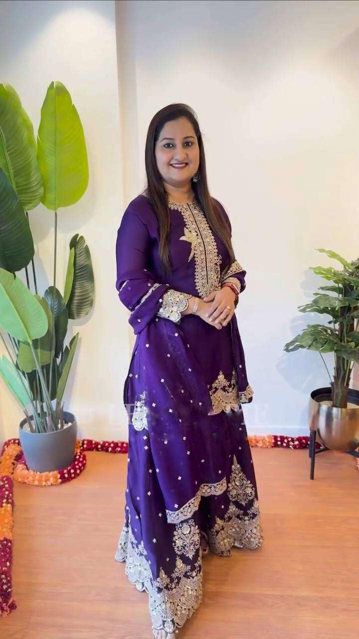 Women's Faux Georgette Embroidered Straight Kurti with Sharara & Dupatta Set (BLACKLUXE CRAFTS) - BLACKLUXECRAFTS