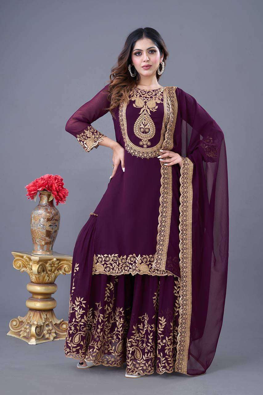 Women's Faux Georgette Ensemble with Embroidery & Sequence Work Kurti With Sharara and Dupatta Set (BLACKLUXE CRAFTS) - BLACKLUXECRAFTS