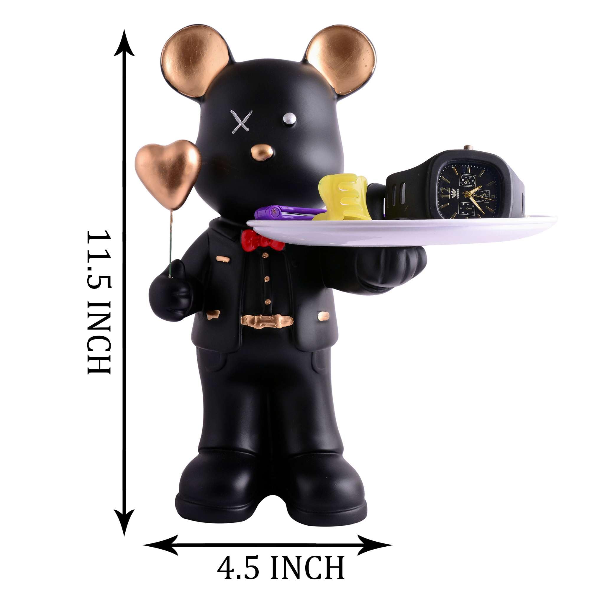 Luxury Handmade Resin Bear Tray with Heart Balloon – Black Modern Organizer for Keys, Watch, Jewelry & Snacks | Unique Home Decor Gift (BLACKLUXE CRAFTS) - BLACKLUXECRAFTS
