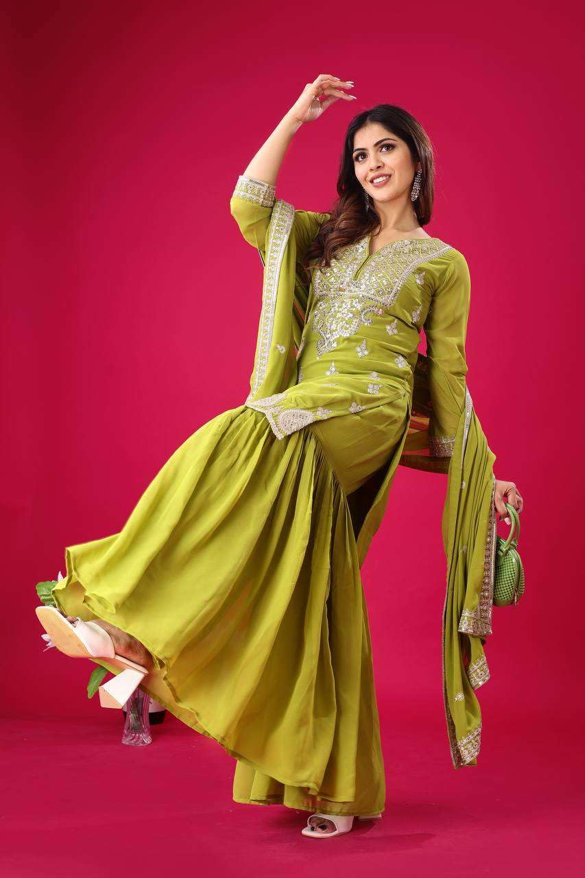 Women's Georgette Embroidered Kurti With Sharara & Dupatta Set (BLACKLUXE CRAFTS) - BLACKLUXECRAFTS