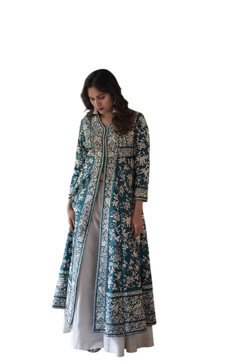 Embroidered Anarkali Gown – Floor-Length Ethnic Dress for Women with White Floral Threadwork (BLACKLUXE CRAFTS) - BLACKLUXECRAFTS