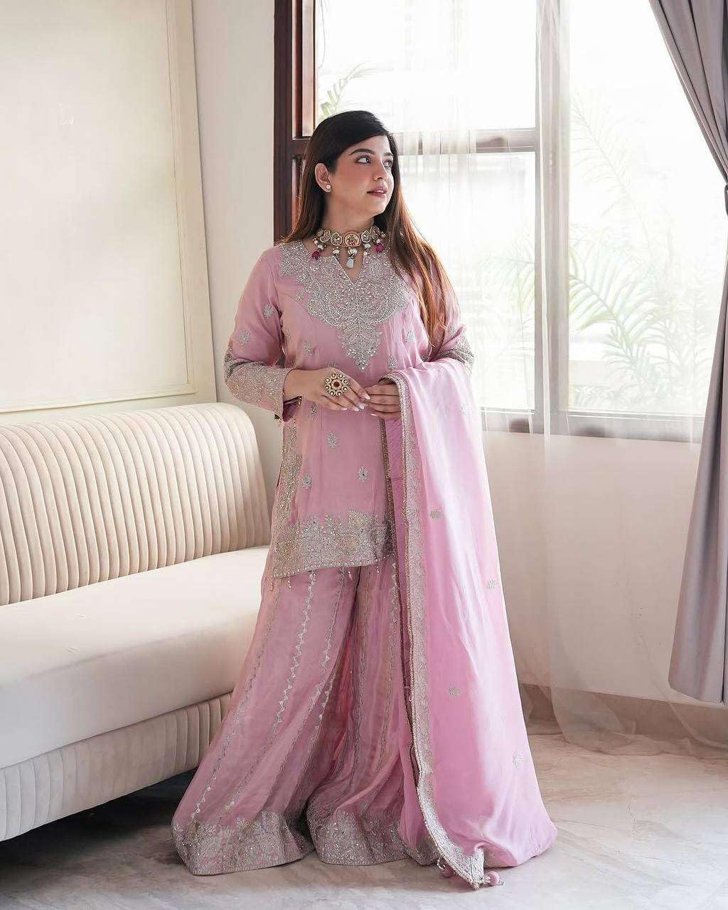 Women's Chinon Silk Embroidered Kurti With Sharara & Dupatta Set with Rivet Moti Work (BLACKLUXE CRAFTS) - BLACKLUXECRAFTS