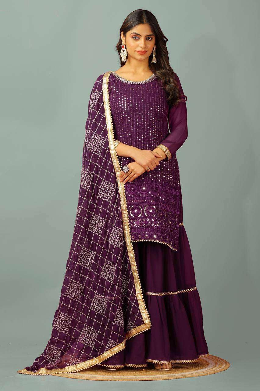 Georgette Sharara Suit with Mirror Work & Embroidered Dupatta | Party Wear Indian Ethnic Set (BLACKLUXE CRAFTS) - BLACKLUXECRAFTS
