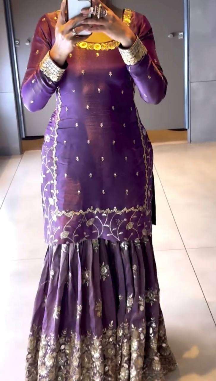 Women's Fandy Silk Embroidered Straight Kurta With Sharara and Dupatta Set (BLACKLUXE CRAFTS) - BLACKLUXECRAFTS