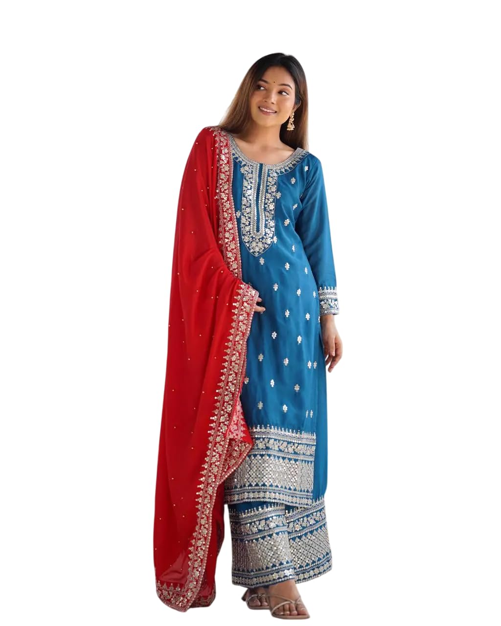 Women's Chinnon Silk Embroidered Straight Kurti With Pants and Dupatta Set (BLACKLUXE CRAFTS) - BLACKLUXECRAFTS