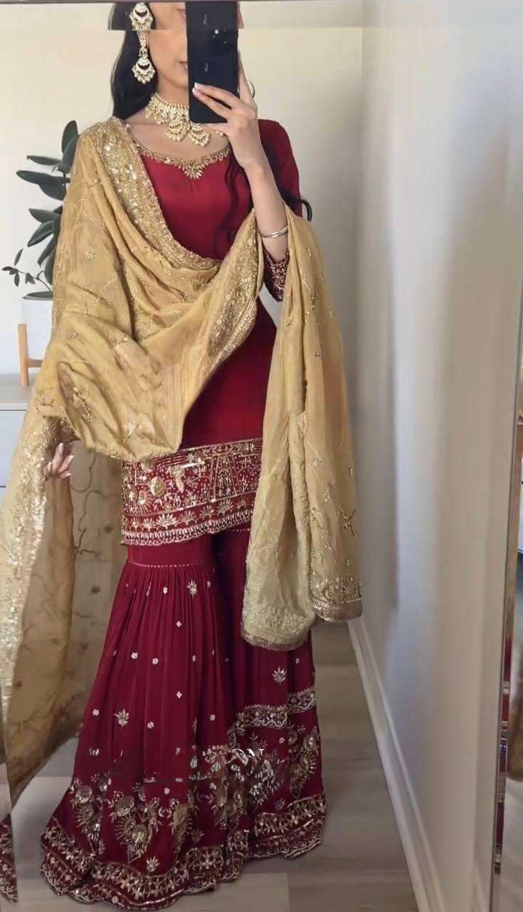 Women's Faux Georgette Embroidered Straight Kurti With Sharara and Dupatta Set (BLACKLUXE CRAFTS) - BLACKLUXECRAFTS