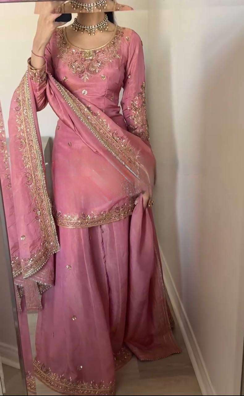 Pink Embroidered Sharara Suit with Heavy Dupatta | Party & Wedding Wear Indian Ethnic Outfit (BLACKLUXE CRAFTS) - BLACKLUXECRAFTS