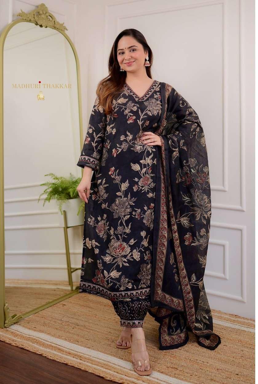Black Floral Printed Kurta Set with Dupatta – Women’s Ethnic Suit for Festive & Casual Wear (BLACKLUXE CRAFTS) - BLACKLUXECRAFTS