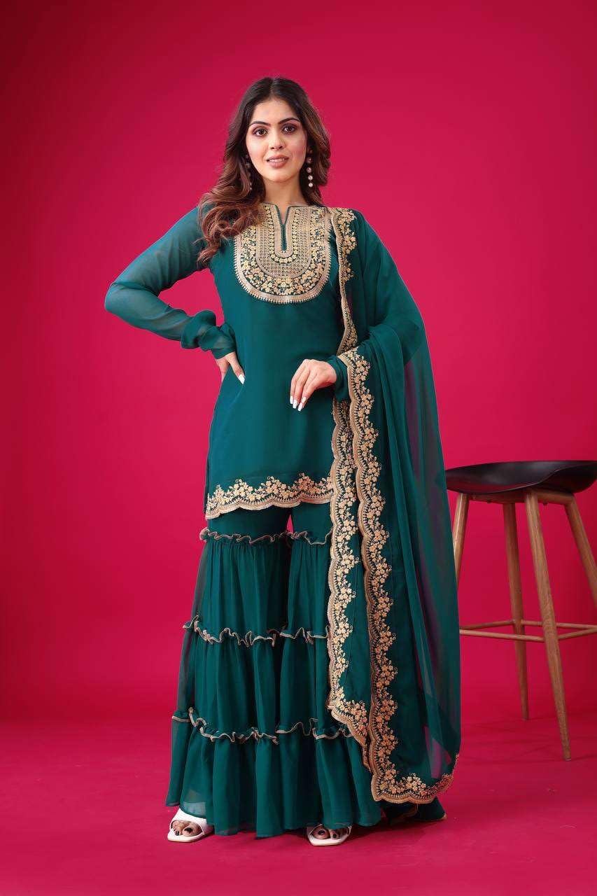 Women's Faux Georgette Embroidered Kurti With Plazzo and Dupatta Set (BLACKLUXE CRAFTS) - BLACKLUXECRAFTS